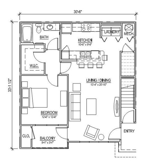 Floor plan for 1 bed, 1 bath, 950 sqft